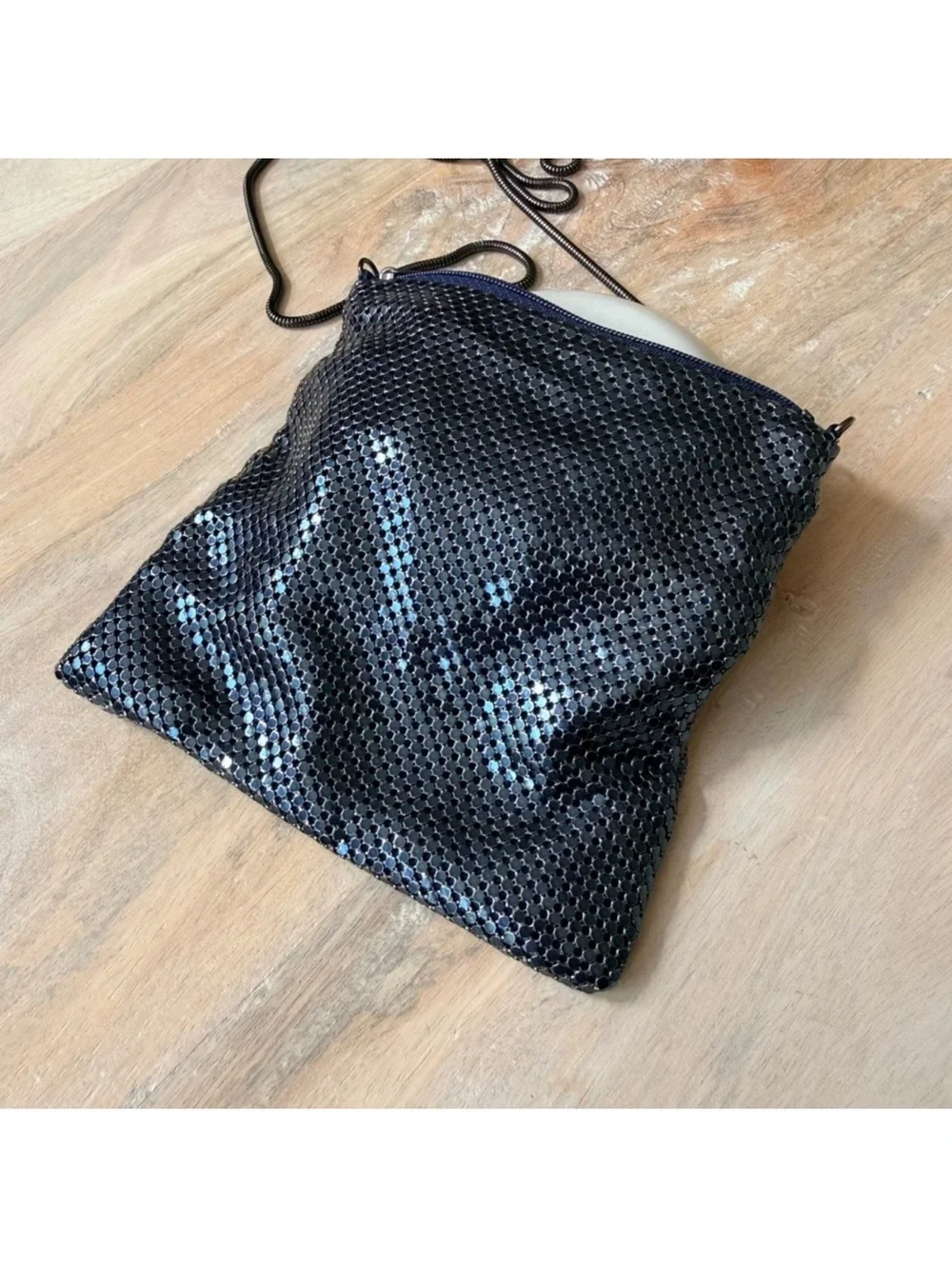Whiting & Davis Denim Navy Blue Mesh Crossbody Bag